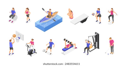 Entrenamiento de personas isométricas. Los atletas olímpicos practican ejercicio, los deportistas juegan fútbol, baloncesto y voleibol. Gimnasio personajes deportivos conjunto de Vector impecable