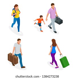 Isometric people with travel bag traveling on vacation. Character set. Active recreation, hiking and adventures.