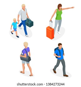 Isometric people with travel bag traveling on vacation. Character set. Active recreation, hiking and adventures.