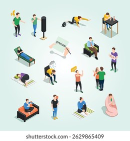 isometric People Under Stress Set face success workplace emotional pain character tie wellness mind busy uncomfortable angry problems expression crisis sadness help 