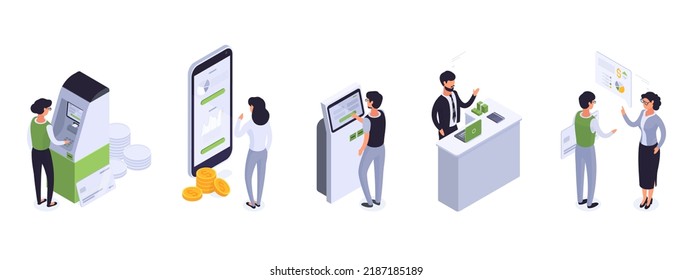 Isometric people using ATM or online cash register. Online banking, cash terminal and mobile purchase cashier vector symbols illustration set. Internet banking payment collection