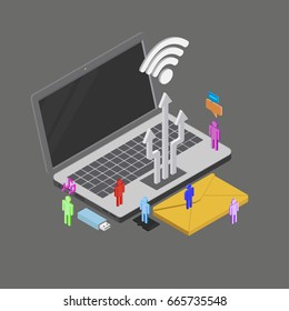 Isometric people using internet around, electronic devices, social media, social network, vector illustration.