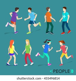 Isometric People. Vector illustration. Running Man. Running Woman. Active. Walking. Healthy. Lifestyle. Outdoors People.