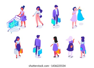 Isometric People vector set. Customers, buyers with shopping bags and shopping cart. Online shopping. Supermarket. Flat vector characters isolated on white