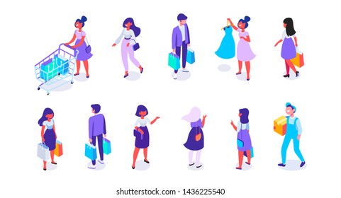 Isometric People vector set. Customers, buyers with shopping bags and shopping cart. Online shopping. Supermarket. Flat vector characters isolated on white