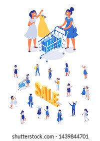 Conjunto vectorial de personas isométricas. Clientes, compradores con bolsas de compras y carrito de compras. Gran venta.Supermercado. Caracteres vectoriales planos aislados en blanco