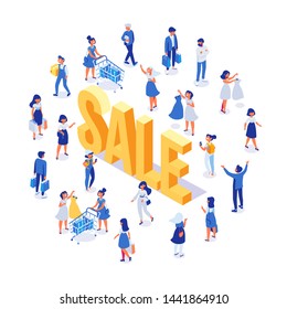 Isometric People vector set. Customers, buyers with shopping bags and shopping cart. Big sale. Supermarket. Flat vector characters isolated on white