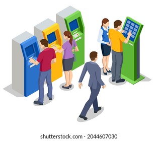 Isometric people waiting for the credit card inserting from ATM Machine. ATM service machine of a bank. Automated teller machine