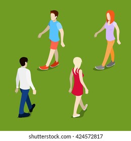 Isometric People. Walking Man And Woman. Healthy Lifestyle. Vector Flat 3d Illustration