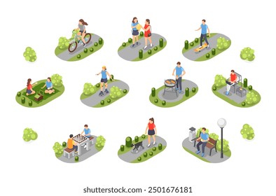 Isometric people walking in park. Friends eating on picnic, walk and play chess. Outdoor summer activities, bbq and work on bench, flawless vector scenes