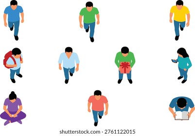 Isometric people walking and sitting, diverse crowd top view, men and women characters for architectural map vector illustration