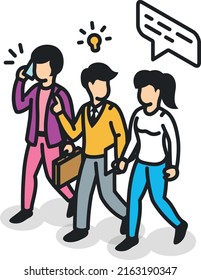 Isometric people walking together. Team idea development