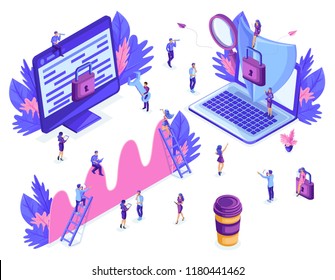 Isometric people work, business promotion, take-off on the career ladder, concept of protecting computer data for a web page, application development. Isolated background.