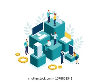 Isometric people work in a team and achieve the goal. People interacting with charts and analyzing statistics. Data visualization concept.