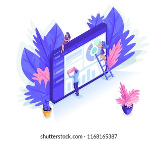 Isometric people work together in the web industry. Can use for web banner, infographic. Use set emotions of characters, isolated background