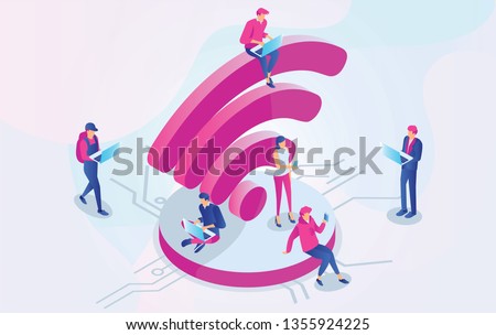 Isometric People working on laptops sitting on a big wifi sign in the free internet zone. Free wifi hotspot, public assess zone, portable device concept background. Vector 3d Illustration - Vector