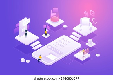 Personas isométricas que trabajan con la tecnología de diseño de vectores en eps 10