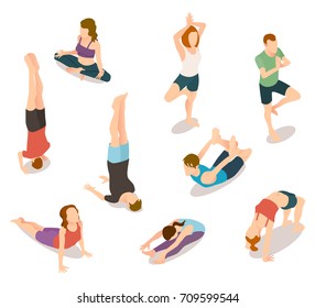 Isometric people in yoga positions isolated on white. Vector illustration of man and woman stretching, training in gym, sitting in asana and lotus pose