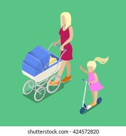 Isometric People. Young Mother with Baby Carriage. Girl on the Scooter. Happy Family. Vector flat 3d illustration