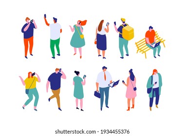 Isometric people.Vector male and female characters with smartphone and laptop isolated on white background