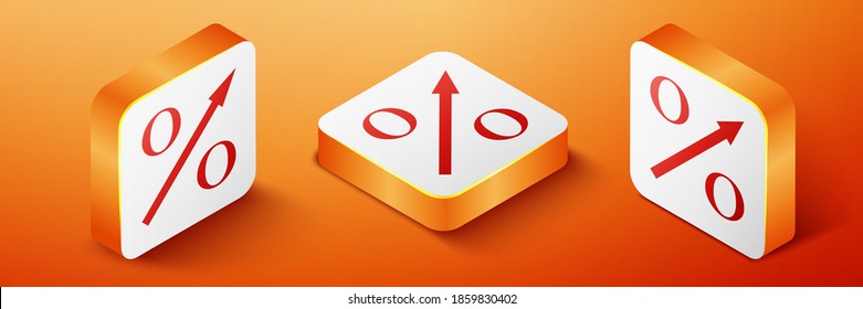 Isometric Percent up arrow icon isolated on orange background. Increasing percentage sign. Orange square button. Vector.