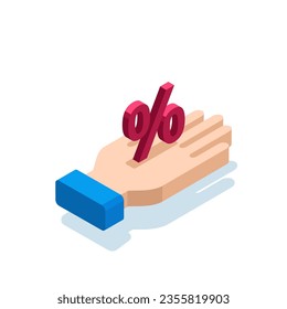 isometric percent sign in the palm of your hand in color on white background, sales discount or clearance sale