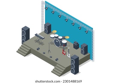 Isometrische Performance-Bühne, analoger Synthesizer-Sound, Drum-Kit mit Trommeln und Zymbalen und akustischen und elektrischen Gitarren-Musikinstrumenten und Combi-Amp in der Nähe