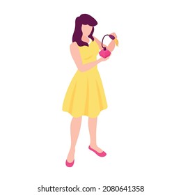 Isometric perfume composition with isolated female character holding vintage flask of perfume vector illustration