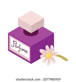 Isometric perfume composition with isolated image of cube shaped flask of perfume with flower vector illustration