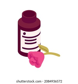 Isometric perfume composition with isolated image of opened aroma flask with flower vector illustration