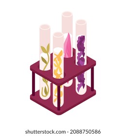 Isometrische Parfüm-Komposition mit isoliertem Bild von Aromaröhren mit Pflanzen und Blumen, Vektorgrafik