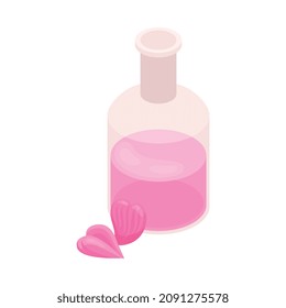 Isometric perfume composition with isolated image of glass flask with purple lotion vector illustration