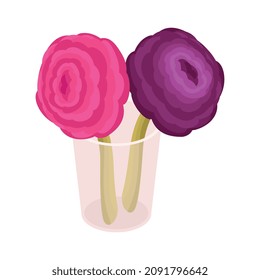 Composición isométrica de perfume con imagen aislada de olla de vidrio con dos flores rosadas ilustración vectorial