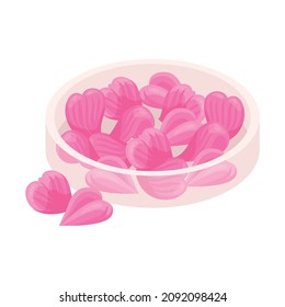 Isometric perfume composition with isolated image of glass plate with pink petals vector illustration