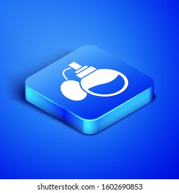 Isometric Perfume icon isolated on blue background. Blue square button. Vector Illustration