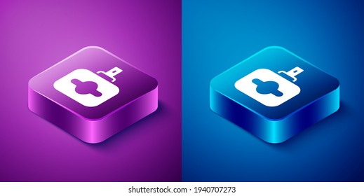 Isometric Perfume icon isolated on blue and purple background. Square button. Vector