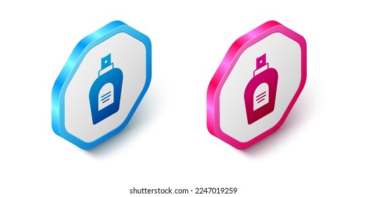 Isometric Perfume icono aislado en fondo blanco. Botón hexagonal. Vector