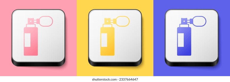 Isometric Perfume icon isolated on pink, yellow and blue background. Square button. Vector