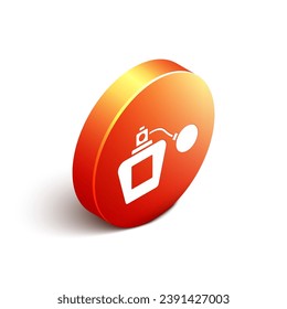 Isometric Perfume icon isolated on white background. Orange circle button. Vector