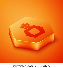 Icono de perfume isométrico aislado sobre fondo naranja. Botón hexagonal naranja. Vector