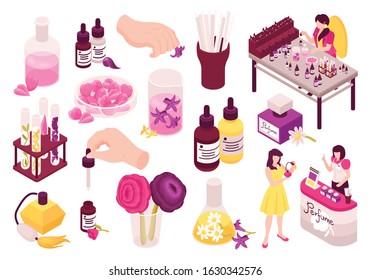 Isometric perfume set with isolated images of perfumery products with female characters and various packages vector illustration