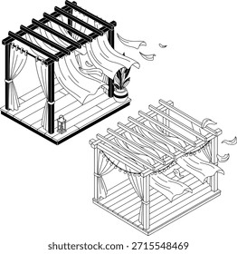 Pérgola Isométrica com Cortinas e String Luzes Ilustração Vetor