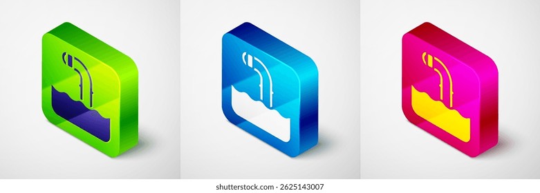 Isometric Periscope in the waves above the water icon isolated on grey background. Square button. Vector
