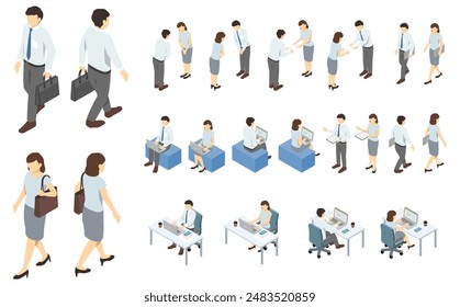 Isometric person illustration: suit men and women set (summer clothes) 2