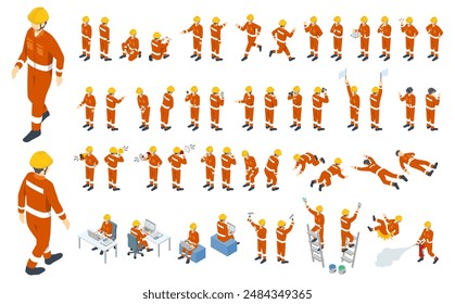 Isometric person illustration: worker in work clothes and helmet (orange work clothes)