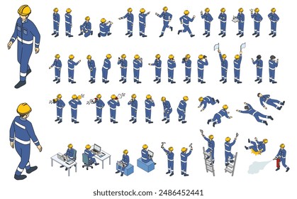 Isometric person illustration: worker in work clothes and helmet (outlune)