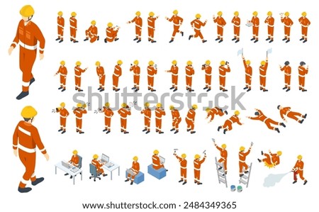 Isometric person illustration: worker in work clothes and helmet (orange work clothes)