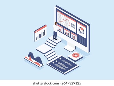 Isométrica de uma pessoa interagindo com uma grande tela digital exibindo gráficos, gráficos de pizza e estatísticas, representando a análise de dados e inteligência de negócios.
