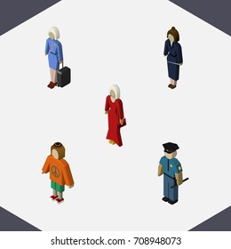 Isometric Person Set Of Businesswoman, Female, Hostess And Other Vector Objects. Also Includes Stewardess, Lady, Worker Elements.