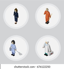Isometric Person Set Of Businesswoman, Housemaid, Cleaner And Other Vector Objects. Also Includes Builder, Worker, Cleaner Elements.